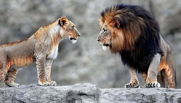 Fototapeta Confrontation Between Majestic Lion and Lioness Staring at Each Other on Rocky Ledge Wild Nature