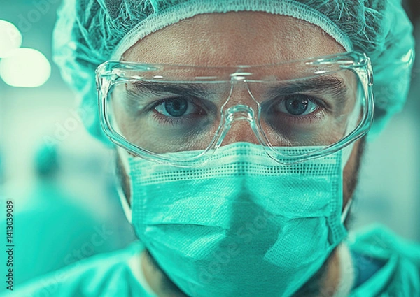 Fototapeta Close-up portrait of a charismatic surgeon doctor in a mask.	