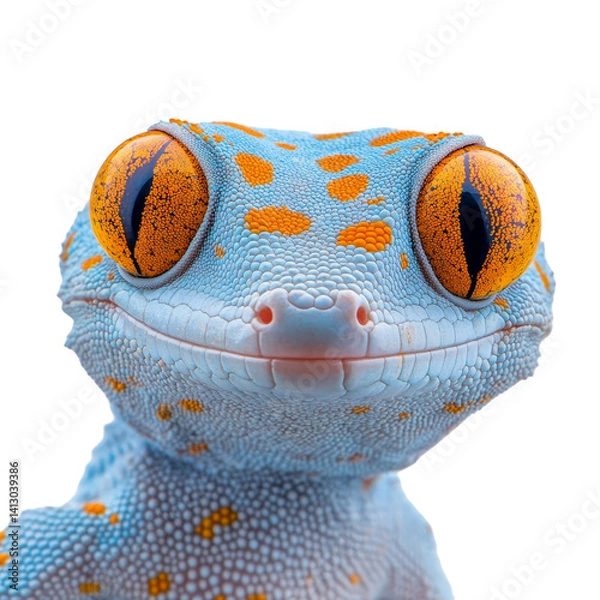 Obraz Colorful close-up of a vibrant blue gecko showcasing detailed features on white background