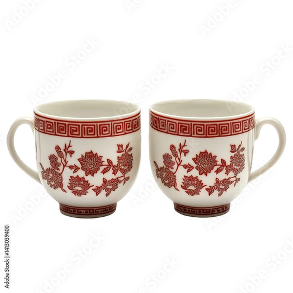 Obraz Elegant Red and White Decorative Cups with Floral Patterns and Handles on white background