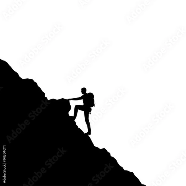 Fototapeta Solo Mountain Climber Silhouette Determined Hiker with Backpack Ascending a Steep Cliff Vector Illustration.