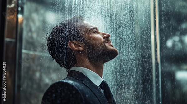 Obraz Businessman in a formal suit enjoying a relaxing shower with his eyes closed, standing in a luxurious bathroom. Business concept. The image conveys serenity and peace. Image made using Generative AI.