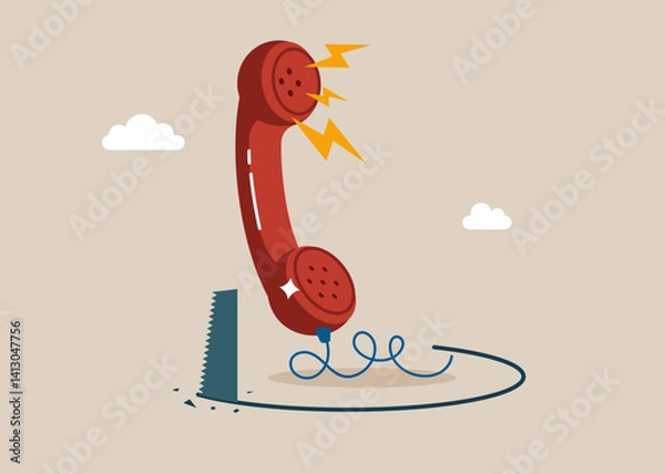Obraz Theft retro telephone receiver. Thief sawing the floor to take phone.  Will stop 24-7 service. Modern vector illustration in flat style.