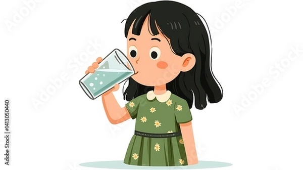 Obraz Cute Girl Drinking Water from Glass in Pixel Art Style