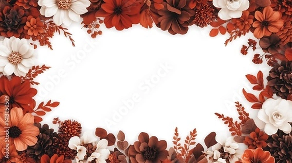 Obraz Floral Frame with Red and White Paper Flowers on White Background