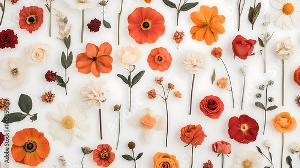 Obraz Orange Red White Flowers Flatlay Pattern Background