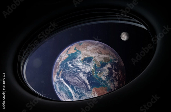 Fototapeta Earth and Moon in spaceship porthole. Travel and tourists in space, concept. Space exploration. Science fiction art. 