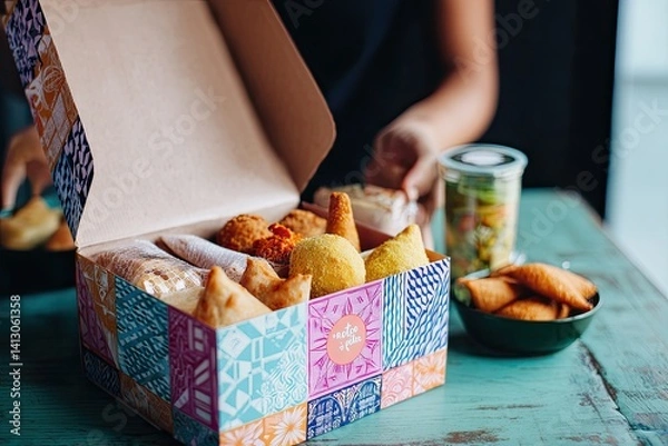 Fototapeta A Brazilian food delivery setup, with a colorful box of snacks like coxinha and pastel