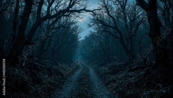 Obraz Experience the eerie beauty of a twisted forest path lined with ancient skeletal trees under a haunting night sky