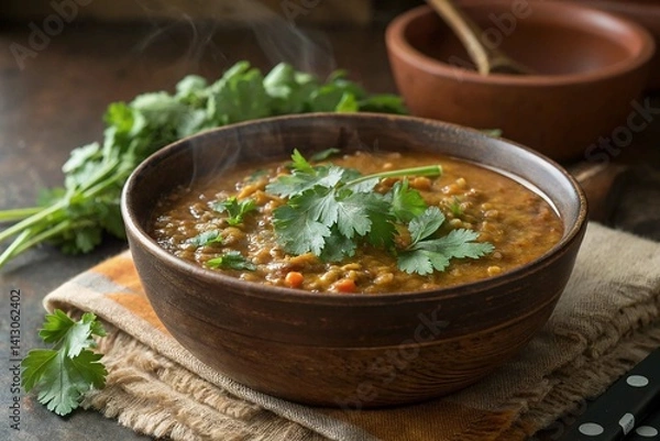 Fototapeta Delicious lentil soup in a rustic bowl garnished with fresh cilantro
