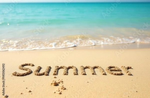 Fototapeta The word ‘SUMMER ' is etched into the sand, on sandy beach with clear blue water in the background 