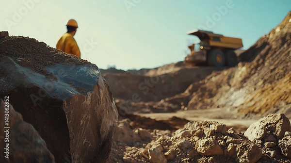 Fototapeta Mining engineer overseeing excavation at a mining site. Featuring excavation and site management