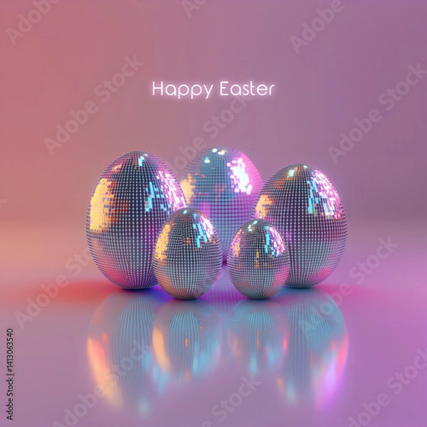 Obraz Modern Happy Easter postcard with shiny pixels eggs. Greeting card.
