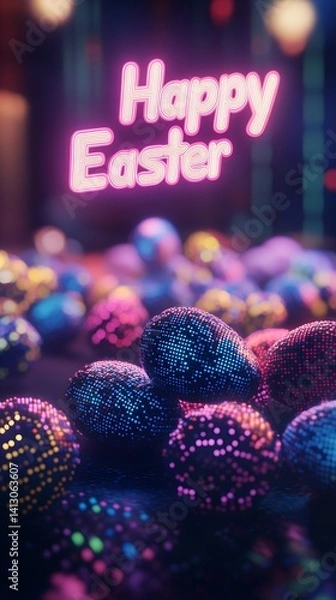 Obraz Modern computer postcard with galactic pixelated Easter eggs and glowing neon text Happy Easter. Greeting Easter card.