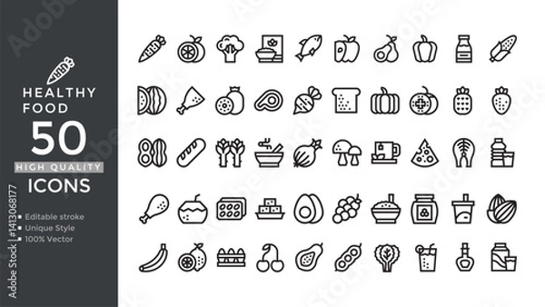 Fototapeta Editable Line Style Vectors for Healthy Food, Diet, and Wellness Icons