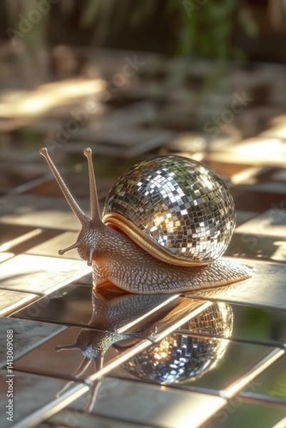 Fototapeta Snail with Disco Ball Shell Crawling on Tiled Surface
