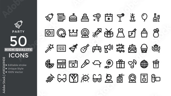 Obraz Party Icon Set – Editable Vector Icons for Celebration, Events & Entertainment
