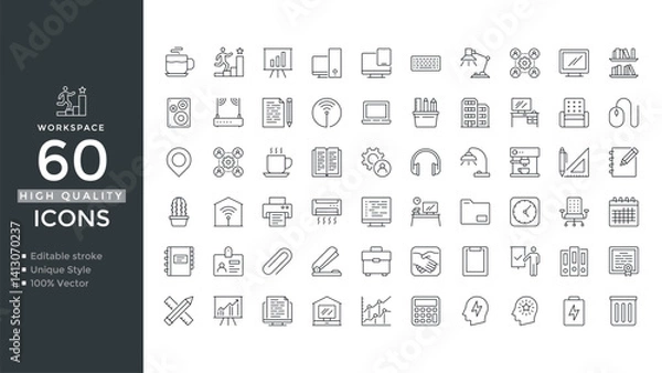 Fototapeta Workspace Icon Set – Editable Line Icons for Office, Team and Productivity