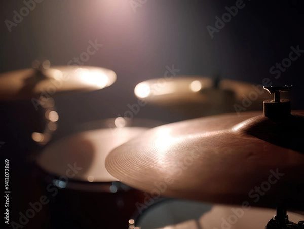 Obraz drum set with glowing cymbals under spotlight creates dramatic effect