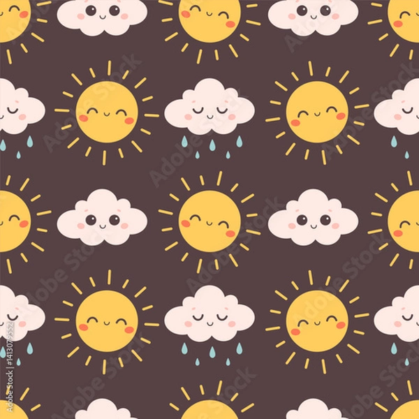 Fototapeta Cute seamless pattern with cloud and sun characters. Printing on textiles, wallpaper, wrapping paper. Vector illustration in flat style