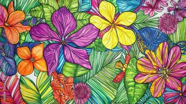 Fototapeta An array of vividly colored flowers and green leaves creates an engaging composition, showcasing artistic details and lively hues in a bright design