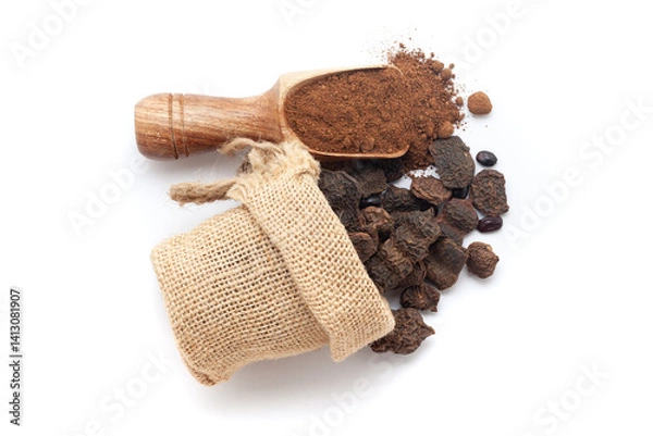 Obraz A scoop of organic Shikakai (Acacia concinna) powder, along with whole shikakai fruits spilled out from a jute bag. Isolated on a white background.