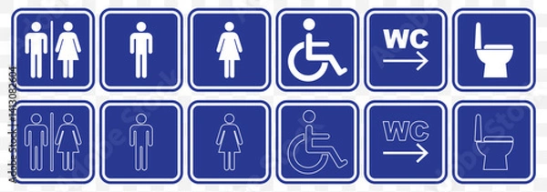 Fototapeta linear Restroom icon set. male and female toilet symbols. disabled icon. gender icon. restroom pictogram. Elevator and stairs public signage. WC signage on Transparent Background. EPS 10.