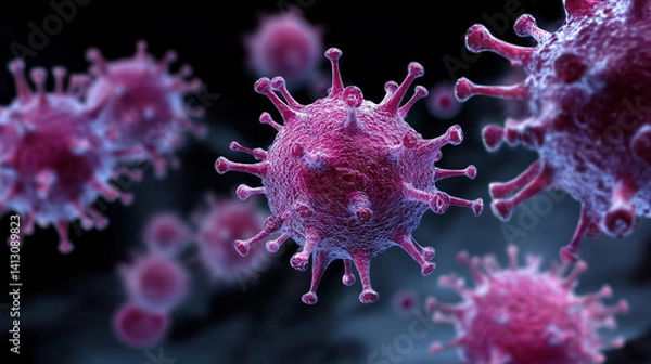 Fototapeta Microscopic view on a purple virus particles on dark background - symbolizing healthcare and scientific research.
