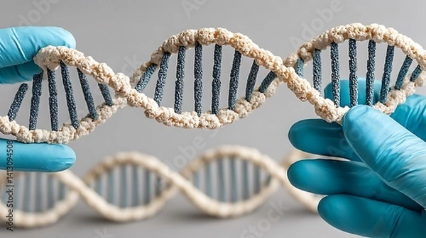 Obraz Closeup of Hands in Blue Gloves Holding a Detailed DNA Model Against a Gray Background