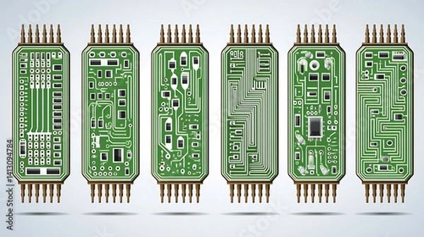Obraz Six Green Circuit Boards with Gold Pins on Light Gray Background
