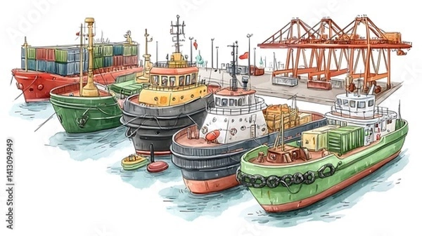 Obraz Watercolor Illustration of Various Cargo and Tug Boats at a Busy Harbor