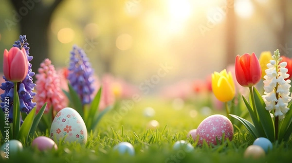 Fototapeta Dreamy spring meadow with colorful tulips, hyacinths, and easter eggs in sunlight – blurred garden landscape with soft bokeh, warm light, and space for text – perfect seasonal background