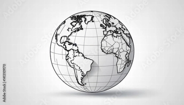 Obraz A vector illustration of a globe with latitude and longitude lines, Black and White Outline of Earth Globe on Simple Background