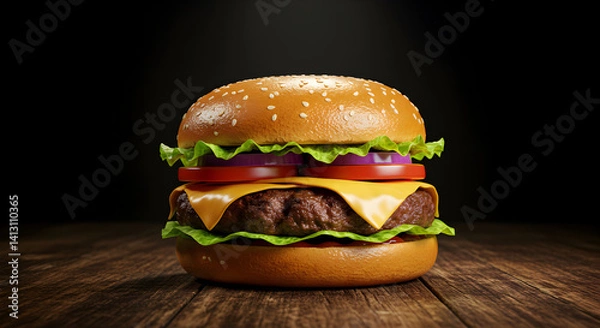Fototapeta Appetizing Cheeseburger With Fresh Ingredients On Rustic Wooden Table