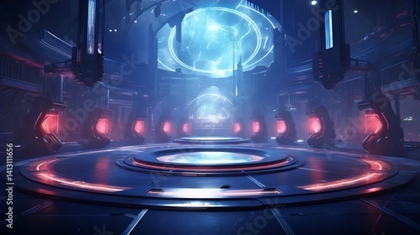 Obraz Futuristic Sci-Fi Energy Core Room with Glowing Platforms and Neon Lights – High-Tech Virtual Reality Environment Concept Art