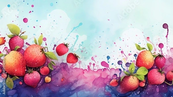 Obraz Colorful Watercolor Strawberry and Fruit Splash Background – Whimsical Summer Art with Berries and Ink Blots in Pastel Sky