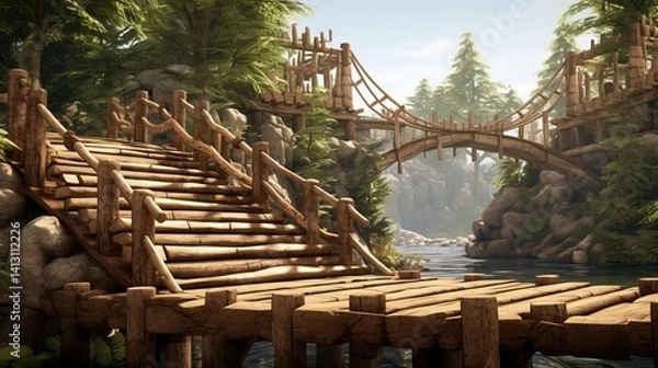 Obraz Wooden Staircase and Curved Bridge in Lush Forest over River – Fantasy Nature Landscape with Handcrafted Timber Architecture