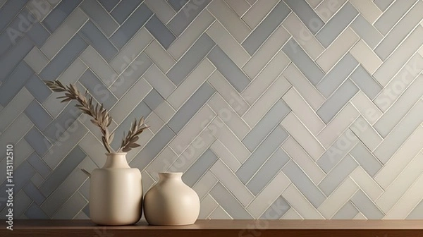 Obraz Minimalist Beige and Gray Herringbone Tile Wall with Ceramic Vases – Modern Interior Decor and Background Design
