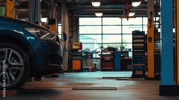 Obraz modern auto repair shop with car. spacious garage featuring a vehicle elevated on hydraulic lift, surrounded by tools and equipment. industrial setting with natural light emphasizes functionality