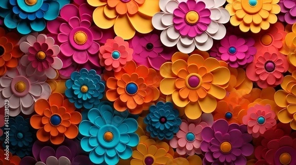Obraz Bright Colorful Paper Flower Background – 3D Floral Pattern with Bold Petals in Pink, Yellow, Orange & Blue for Creative Designs