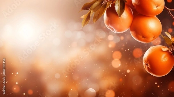 Fototapeta Ripe Oranges on Tree Branch with Soft Bokeh Background – Fresh Citrus Fruit Flyer Design