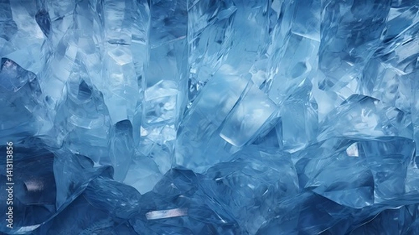 Fototapeta Macro View of Transparent Ice Crystals with Sharp Edges and Cool Blue Light Reflections in High Detail
