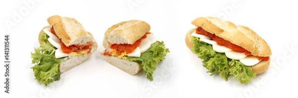 Fototapeta Seelachs Ei Brötchen Ciabatta - Fischbrötchen - Hintergrund weiß freigestellt / background white isolated