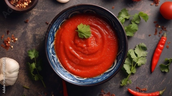 Fototapeta Mexican salsa roja (red sauce) dip in bowl from above	