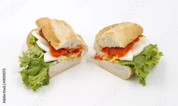 Fototapeta Seelachs Ei Brötchen Ciabatta - Fischbrötchen - Hintergrund weiß freigestellt / background white isolated