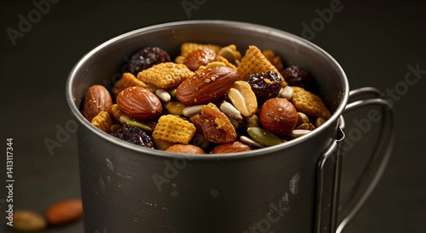 Obraz Delicious And Nutritious Trail Mix In Camping Cup On Dark Backdrop