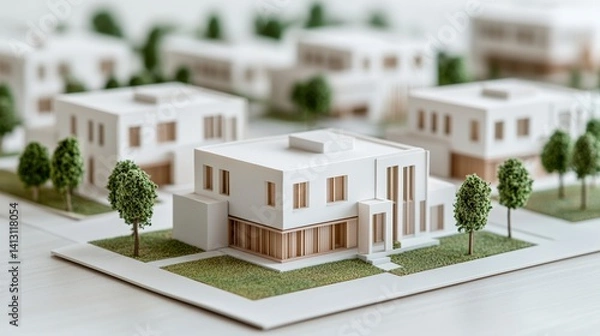 Fototapeta Architectural model showcasing modern urban housing project with sustainable design