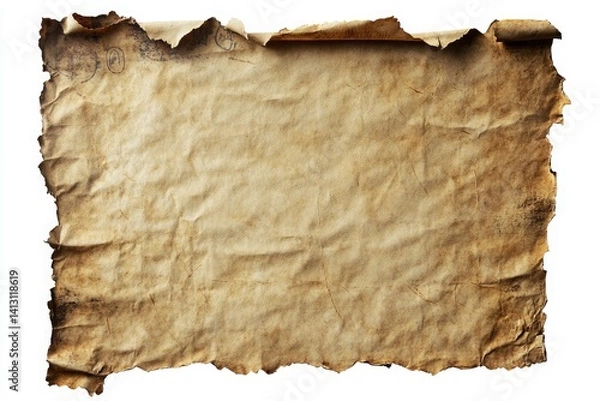 Obraz A close up of a wrinkled and aged parchment paper with burned edges isolated on a white background