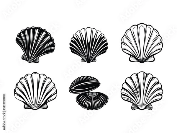 Fototapeta Seashell icon set including clam and scallop shells silhouette isolated on white background