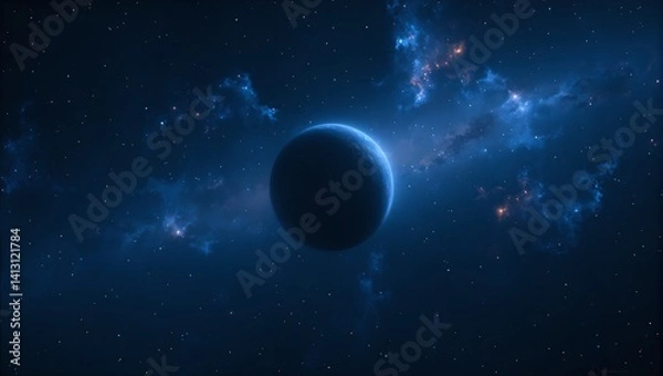 Fototapeta Explore an enigmatic dark planet with ethereal blues drifting in a starlit void amidst radiant glowing nebula clouds